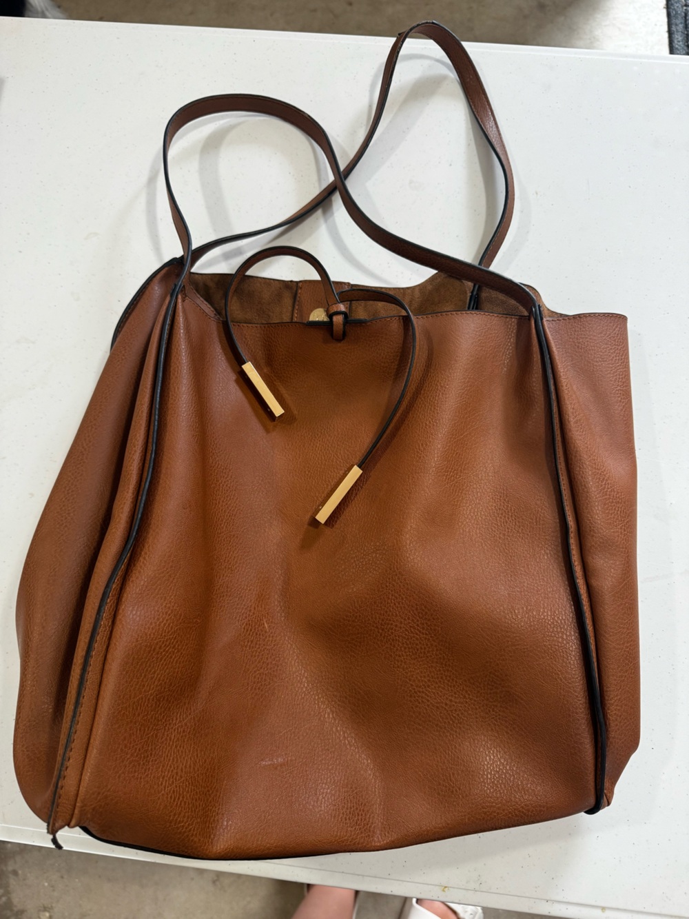 a new day Brown Leather Tote Bag with Gold Accents